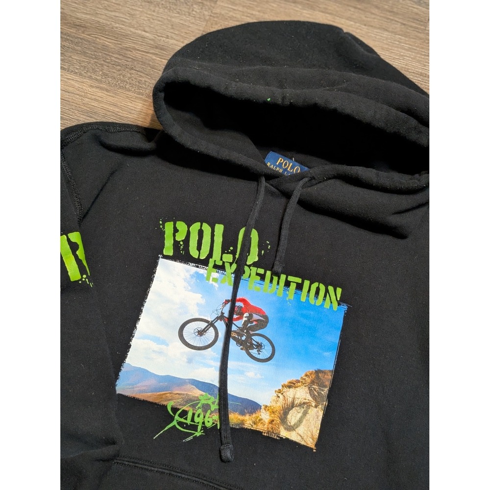 Polo Ralph Lauren Expedition Mountain Bike Hoodie Mens Medium Black Neon Green - Picture 2 of 5